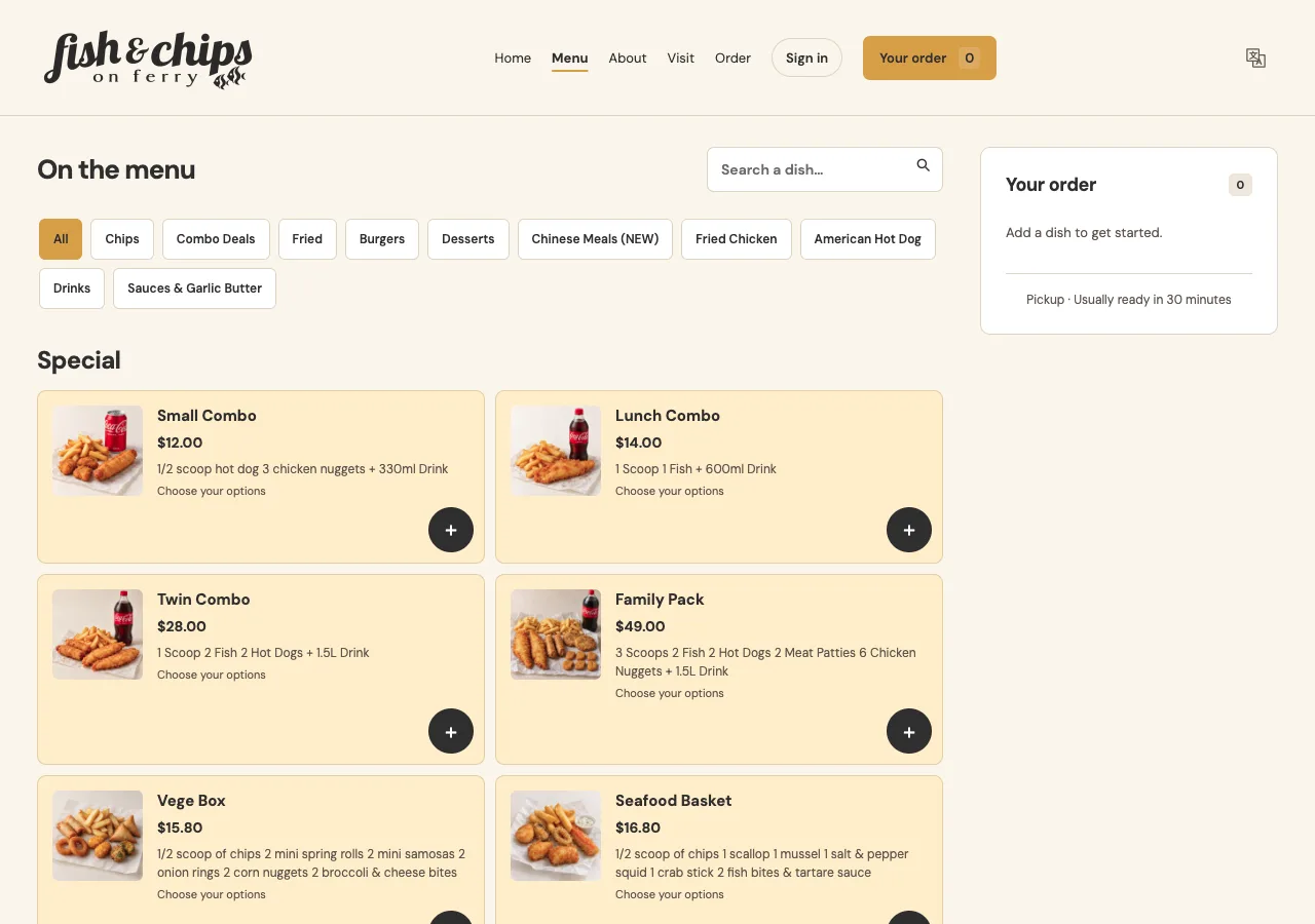 Online menu and order panel on the Fish & Chips on Ferry sample site