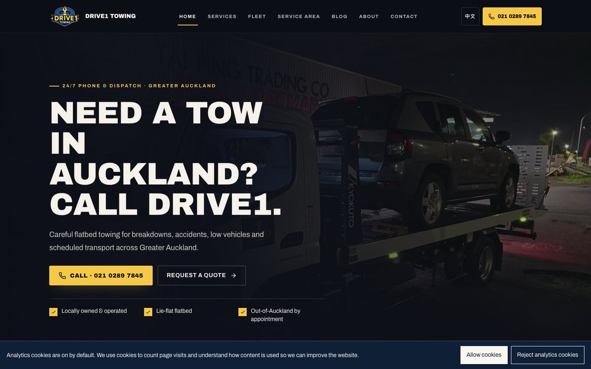 Drive1 Towing homepage screenshot
